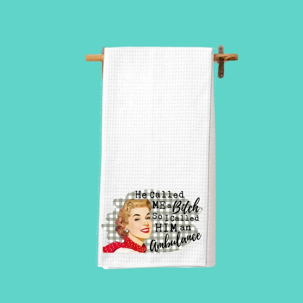 Funny Retro Waffle Weave Kitchen Towel Sarcastic Vintage Woman Graphic White